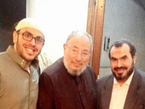 Mohamed Soltan (L) with Youssef Qaradawi (C) and Father (R)